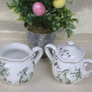 GREEN AND WHITE TOILE EASTER BUNNY RABBIT CREAMER & SUGAR BOWL W/LID - NEW - 3PC